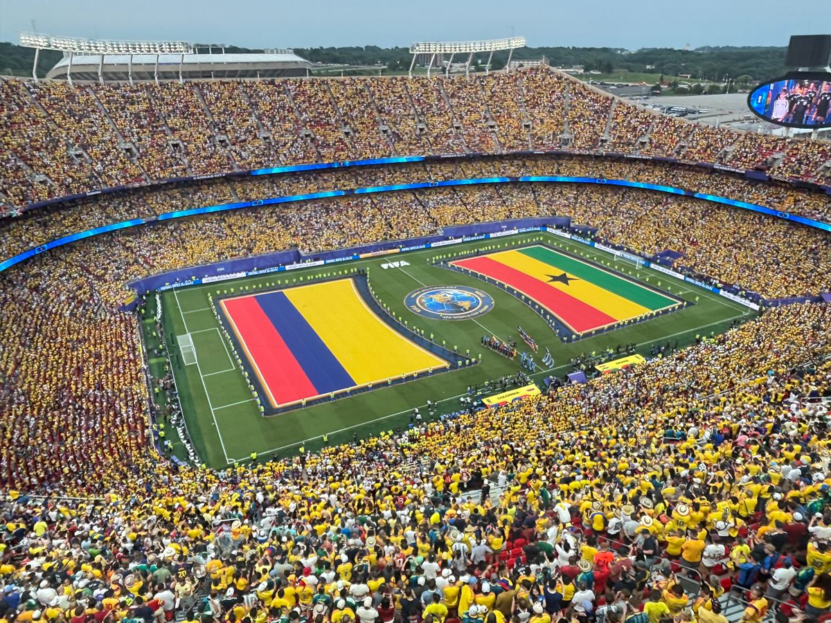 SamMcDowell11's tweet photo. Love how the yellow pops in the stands, and both nations' fans are wearing it. Colombia-Ghana from Arrowhead Stadium here in a few. https://t.co/Wo4Wn0W20W