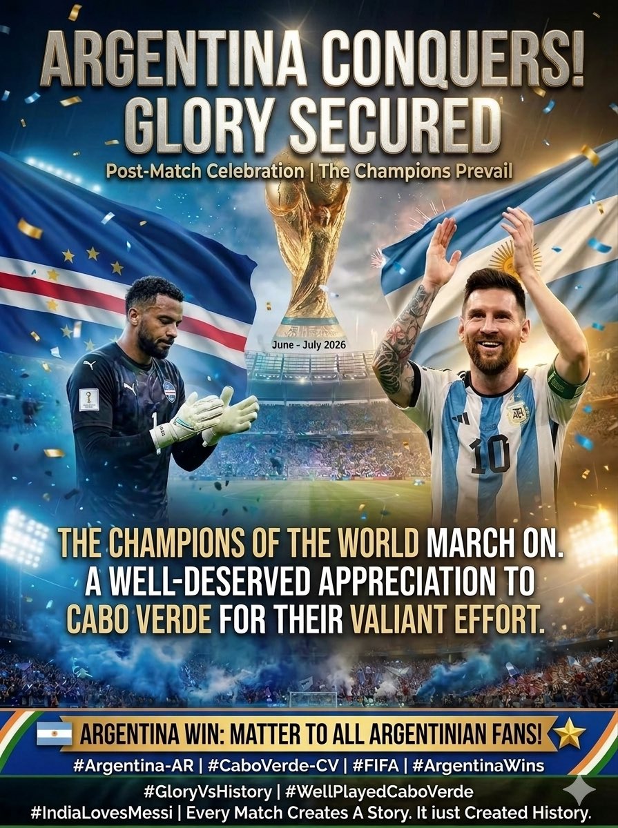 chanchal711's tweet photo. @Footballtweet 🇦🇷🏆 The World Champions march on! A massive round of applause to Cabo Verde for an incredible fight and a historic performance on the pitch. Argentina secures the glory, but the football world won't forget this battle! 🇨🇻⚽️
#ArgentinaWins #CaboVerde #IndiaLovesMessi #Messi10 https://t.co/SZCftciVLR