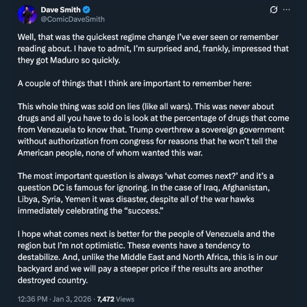 AGHamilton29's tweet photo. The entire woke podcast set claimed Venezuela was going to turn out just like Iraq/Afghanistan/Syria. Same line they use every time. 

Yet they never reflected on why they got it so wrong. https://t.co/UvhWyLdc5f