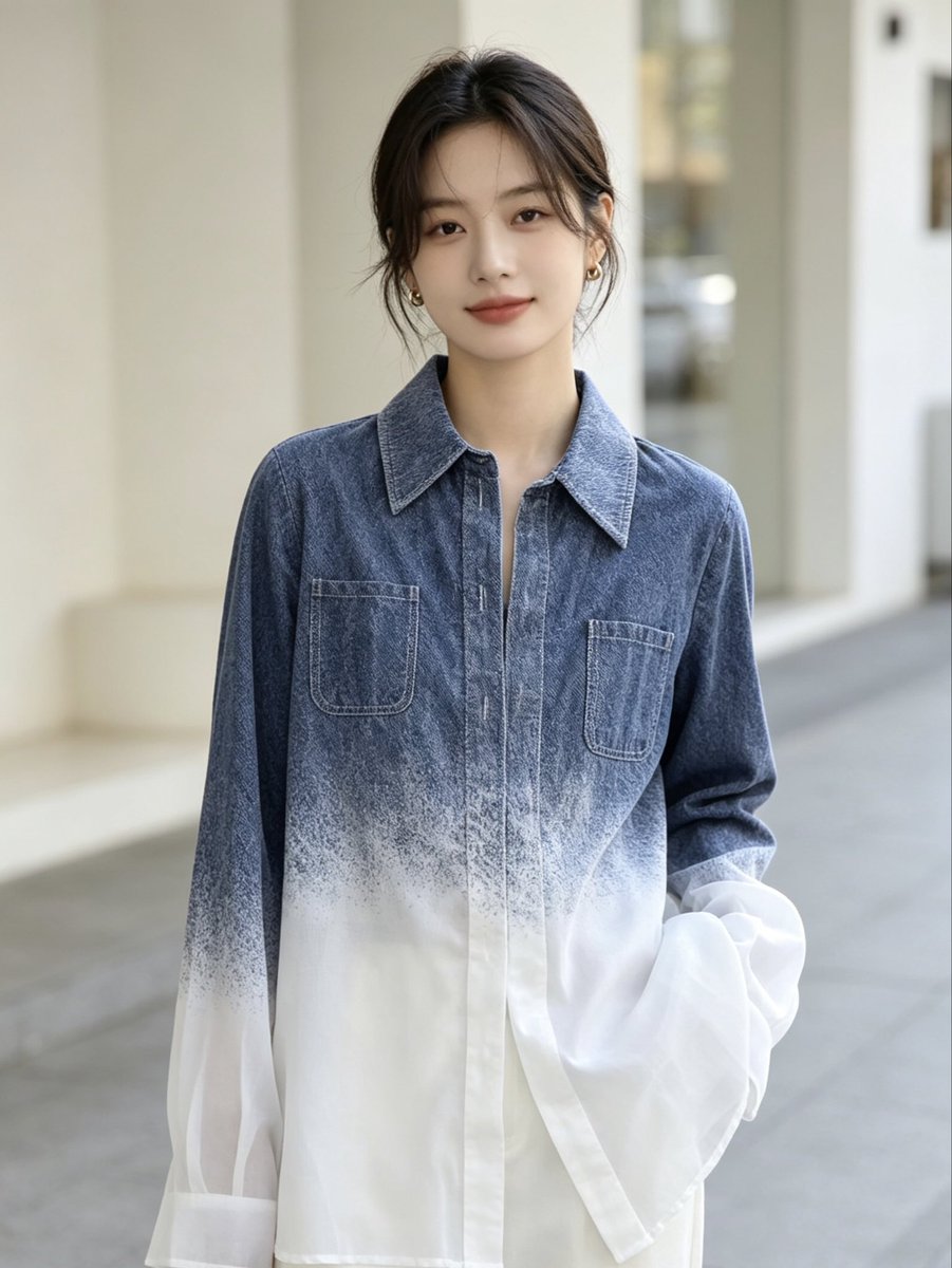 LSkylung22's tweet photo. Ombre Two-Tone Denim Blouse 

This long-sleeve shirt features a stunning gradient wash, transitioning from deep indigo denim blue at the top to sheer pale white fabric at the hem. It has a classic pointed collar, relaxed oversized loose fit, and front chest pocket details. https://t.co/FRstj06UYp