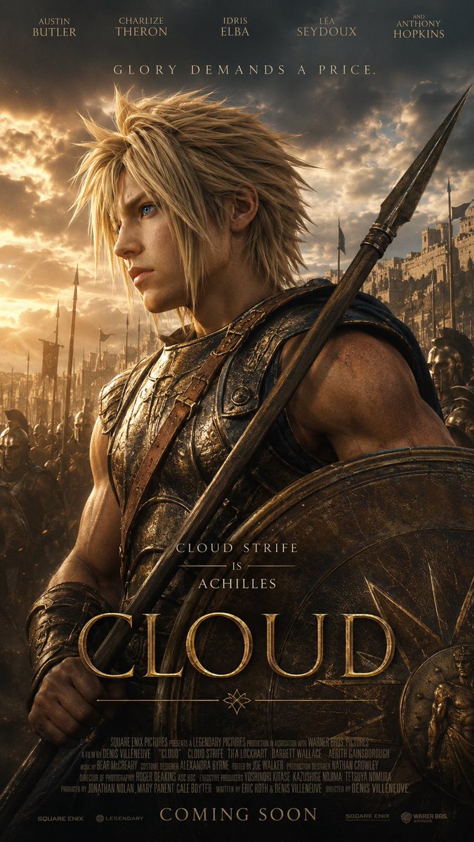 AIna_artmusic's tweet photo. What if FF7 became a mythological epic? ⚔️✨

Cloud Strife as Achilles.
Tifa Lockhart as Helen of Troy.

Glory demands a price.
Beauty becomes destiny.
And love becomes the war no one can escape.

This fan-made movie concept feels like Final Fantasy VII reborn as a grand Greek tragedy — golden armor, ancient kingdoms, battlefield romance, and that impossible Cloud x Tifa tension.

Be honest… would you watch this movie in theaters? 👀

#FF7 #FinalFantasyVII #CloudStrife #TifaLockhart #Achilles #HelenOfTroy #GreekMythology #MoviePoster #AIart #fanart #AIna_artmusic