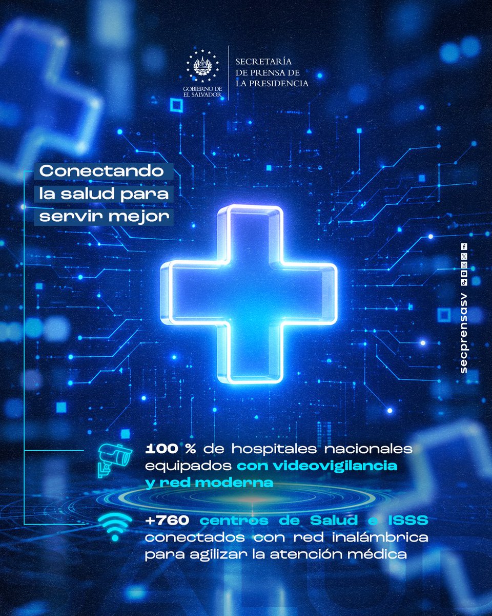 SecPrensaSV's tweet photo. #ModernizaciónDeRedHospitalaria | Con innovación y tecnología, el Gobierno del Presidente @nayibbukele impulsa un sistema de salud más eficiente. El 100 % de los hospitales nacionales cuentan con equipo de videovigilancia y red moderna; mientras que más de 760 centros de salud y establecimientos del Instituto Nacional del Seguro Social (ISSS) cuentan con conectividad de última generación para mejorar la atención de los salvadoreños. #SecretaríaDePrensa