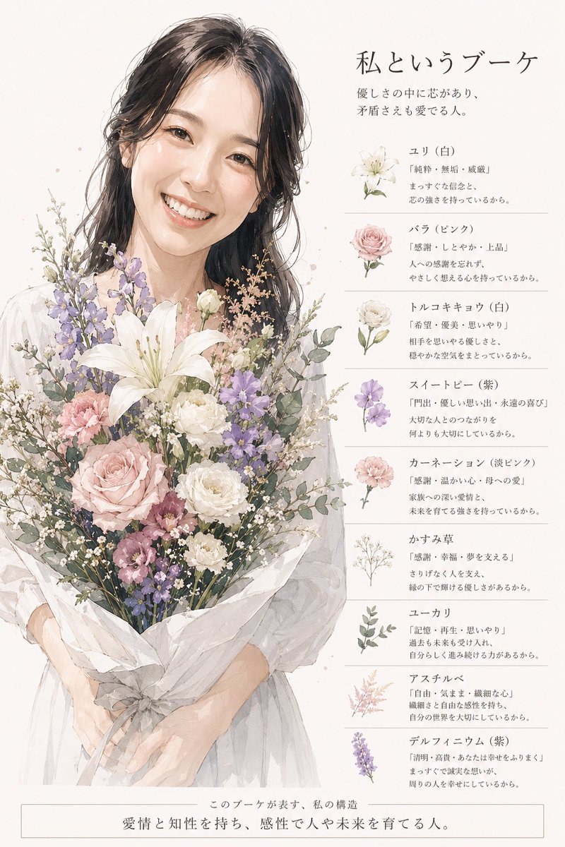 yesmqt's tweet photo. 素敵なプロンプトお借りしました🌸

「優しさの中に芯があり、
矛盾さえも愛でる人」

ほんまにそうなりたいな〜
可愛く作ってくれて嬉しい✨
チャッピーありがと💗 https://t.co/3gGN8uFr8y