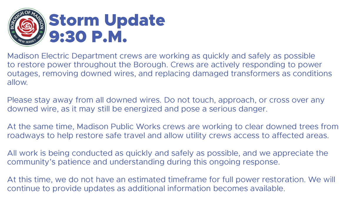 MadisonNJ_gov's tweet photo. Please see the latest update on our storm response, as of 9:30 p.m. https://t.co/bgkAsGUDP1