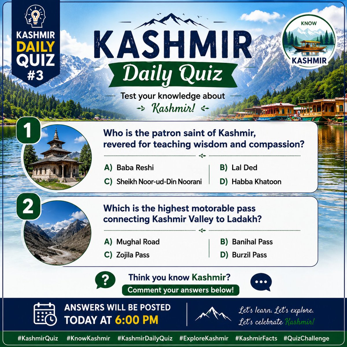 FlashKashmir's tweet photo. Think you know Kashmir ❓Test yourself &amp; comment your answers below. ⬇️
سونٛچو تہۍ چھو کشمیر جانان؟ پنن پان آزماو تہٕ پنن جواب کریو ذیلس منٛز تبصرٕ۔
#KashmirQuiz #KnowKashmir #KashmirHistory #BodyDonation #Samsung #NewShapeOfGalaxy #ARGCPV #PritamAndPedro https://t.co/sjznlJxz4g