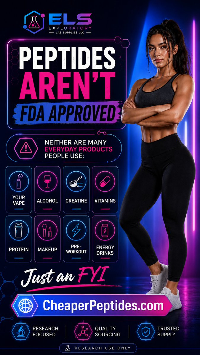 CheaperPeptides's tweet photo. ⁉️ FDA Approved—or Just Marketed? The Truth About Peptides and Everyday Products🔥

❤️ Not every peptide sold online is FDA approved for medical use—but “FDA approved” also means different things across categories like supplements, cosmetics, protein powders, creatine, energy drinks, alcohol, and vaping products.
🌐 https://t.co/7VQWYmLorv
💜 That distinction matters.

💚 Many research peptides are sold strictly for laboratory research and are not approved to diagnose, treat, cure, or prevent disease. At the same time, many everyday wellness and fitness products are regulated under completely different rules and are not individually “FDA approved” before reaching consumers.

🩵 The real takeaway? Don’t confuse popularity, availability, or marketing with proven safety, verified quality, or medical approval.

🤍 Always research the compound, understand how the product is classified, review available testing, and know exactly what “research use only” means before making assumptions.

❤️‍🩹 At Exploratory Lab Supplies, education comes first. We believe informed researchers make better decisions—and that clear labeling, responsible sourcing, and transparent information matter.

#Peptides #PeptideResearch #ResearchPeptides #FDAApproved        #creatorsearchinsights #FDA #weightlossjourney #FitnessGoals #Fit