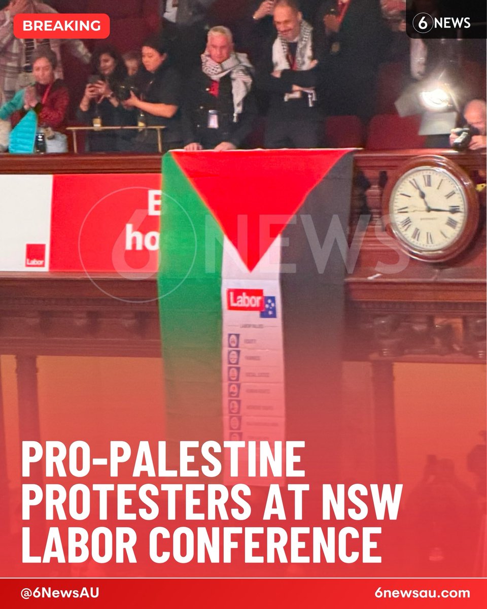 6NewsAU's tweet photo. #BREAKING 🚨 Pro-Palestine Labor Party members have unfurled the Palestinian flag at the NSW Labor conference as Premier Chris Minns walked in

The protesters were seen being escorted out of the conference by police, according to vision supplied to 6 News https://t.co/HaMhthSdfh
