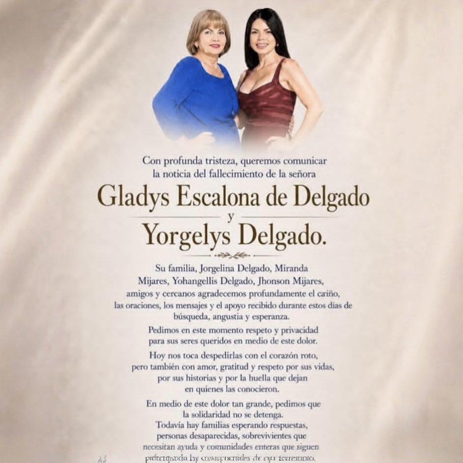 Javierito321's tweet photo. La familia de la actriz Yorgelys Delgado comunica el fallecimiento de ella y su madre: https://t.co/GMos7Nfawo
