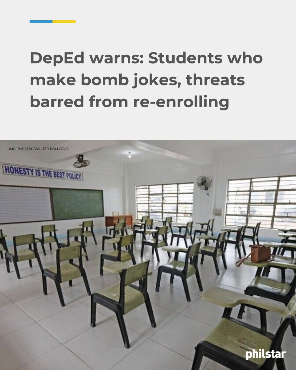 PhilstarNews's tweet photo. 'FAKE NEWS, DANGEROUS PRANKS AND BOMB THREATS ARE NEVER HARMLESS’

Students who make bomb threats — even as jokes — will be barred from enrolling in their schools the following year, the Department of Education warned Friday, July 3.

Read: https://t.co/bSSoeUjAtB https://t.co/vh3Dm4e9Cf