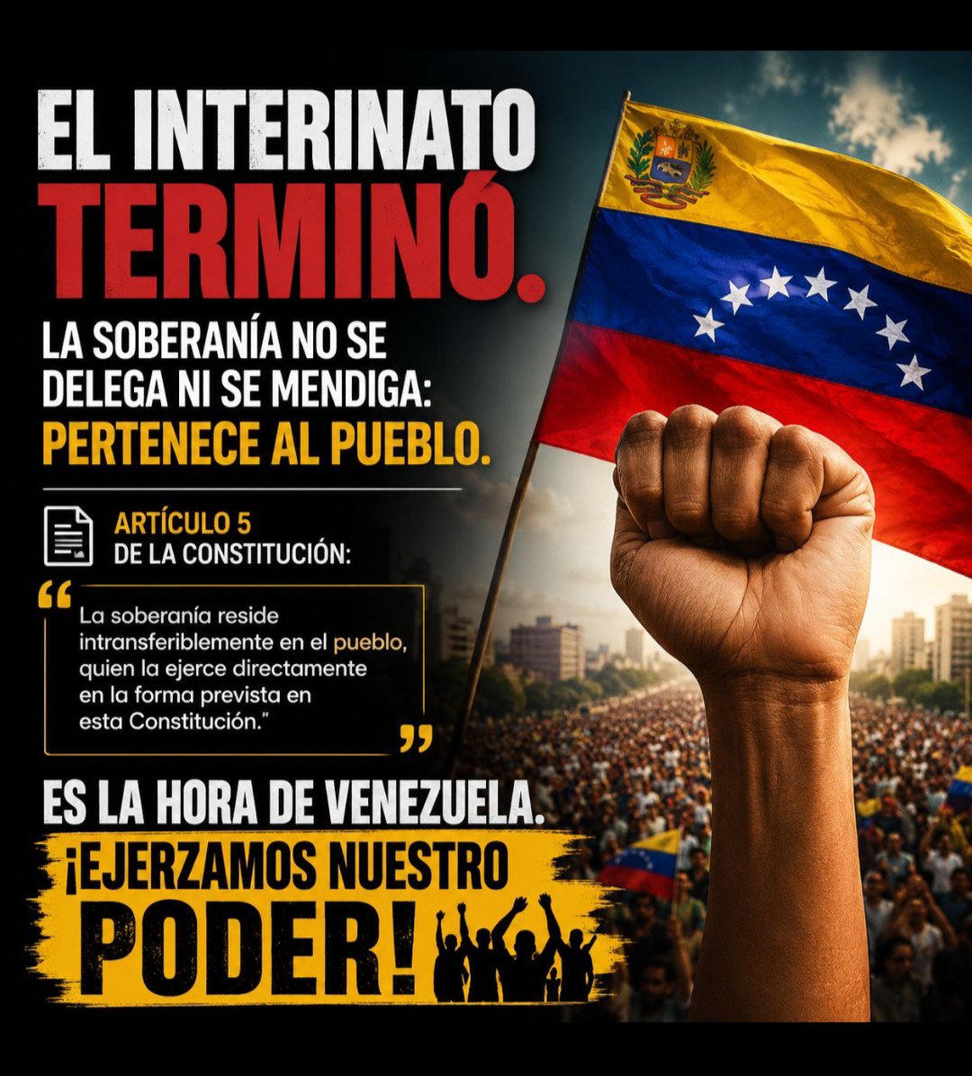 MillyFerz86's tweet photo. El interinato terminó!

 El Art. 5 de la Constitución es claro: la soberanía reside intransferiblemente en el pueblo y esa soberanía Ni SE DELEGA, NI MENDIGA!!

ES LA HORA DE VENEZUELA! 🇻🇪

#GeneraciónIndependencia #LegiónIndependencia https://t.co/rKXBU9kWjo