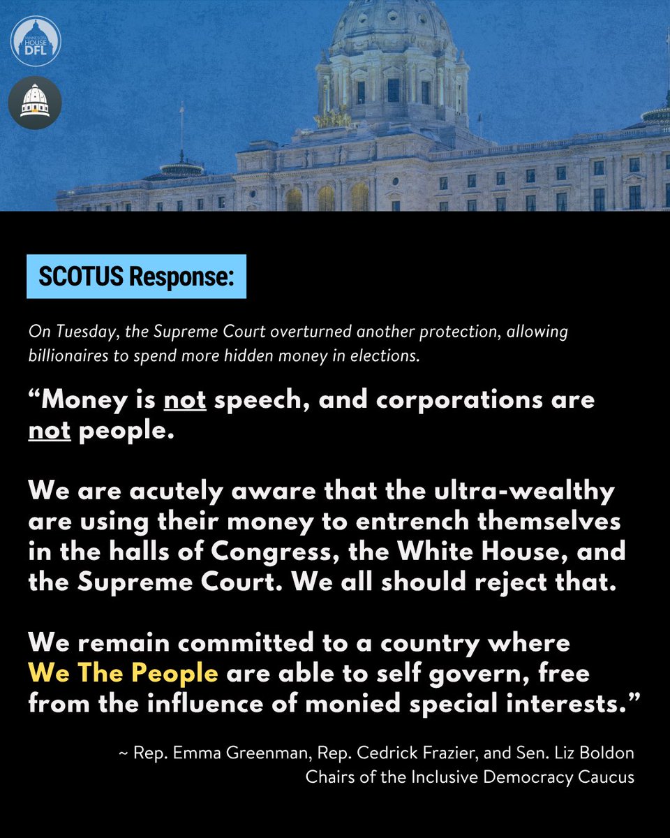 emmagreenman's tweet photo. This week, the U.S. Supreme Court struck another blow to our democracy allowing big donors to circumvent campaign finance laws by laundering their huge contributions to candidates through political parties. Our statement: https://t.co/QJCODNOsll