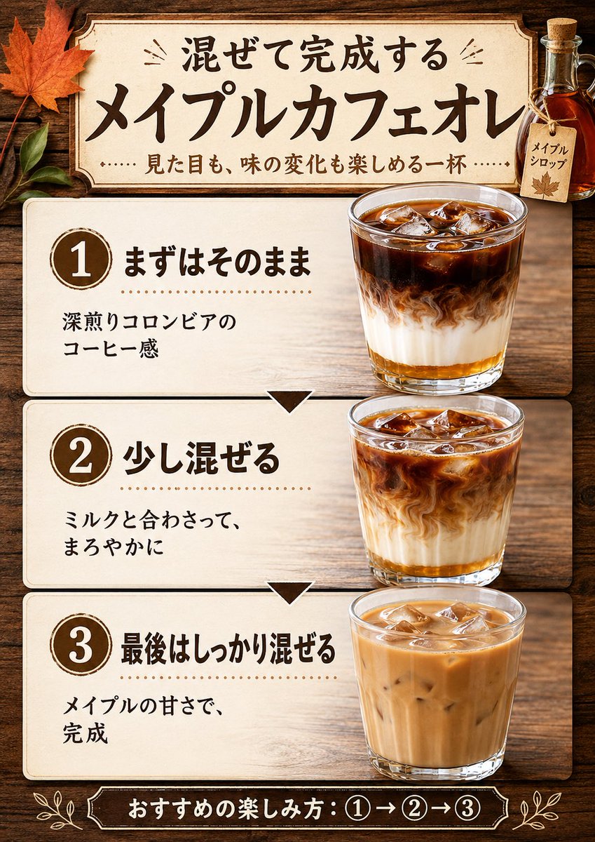 hidebo42's tweet photo. 混ぜて完成する、カフェオレ。

最初は、コロンビア深煎りの苦味をそのまま。
次に、ミルクと混ざってまろやかに。
最後は、底のメイプルが全体をやさしく包む。

一杯の中で、
味が少しずつ変わっていく。

見た目を楽しんで、
香りを感じて、
最後に自分で完成させるカフェオレ。

Silver Treeの新しい一杯として、
マルシェに向けて試作中です。

#SilverTree
#メイプルカフェオレ
#自家焙煎
#コーヒーのある暮らし
#マルシェ準備