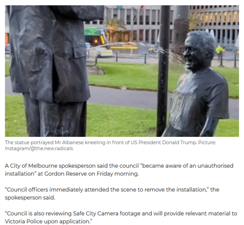 GraffitiExpert's tweet photo. https://t.co/trD9AjzDiz <-
"May I lick your boots, boss?" - Police investigate truth to power as Trump and Albanese statue emerges outside Victorian Parliament -> https://t.co/KhzDI9jX92 https://t.co/eIfmmUeRvM