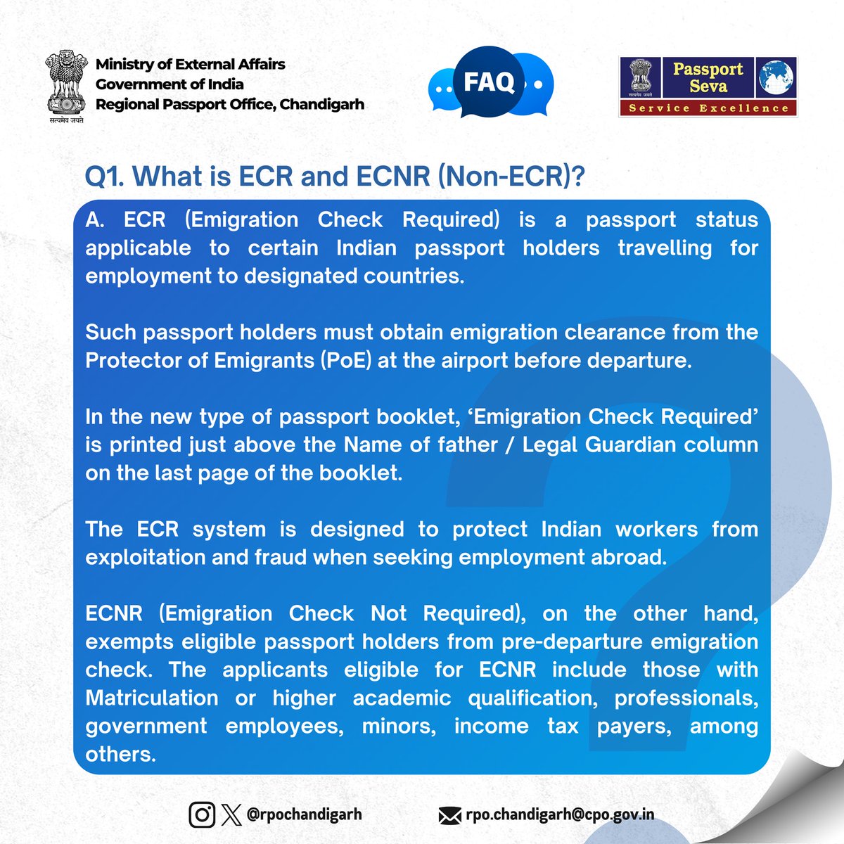 rpochandigarh's tweet photo. Know the difference between ECR (Emigration Check Required) and ECNR (Non- ECR) 👇
#FAQFridays

@passportsevamea @ranganathan_sr @mubarakbs @arjundeore https://t.co/areJyH7fKW