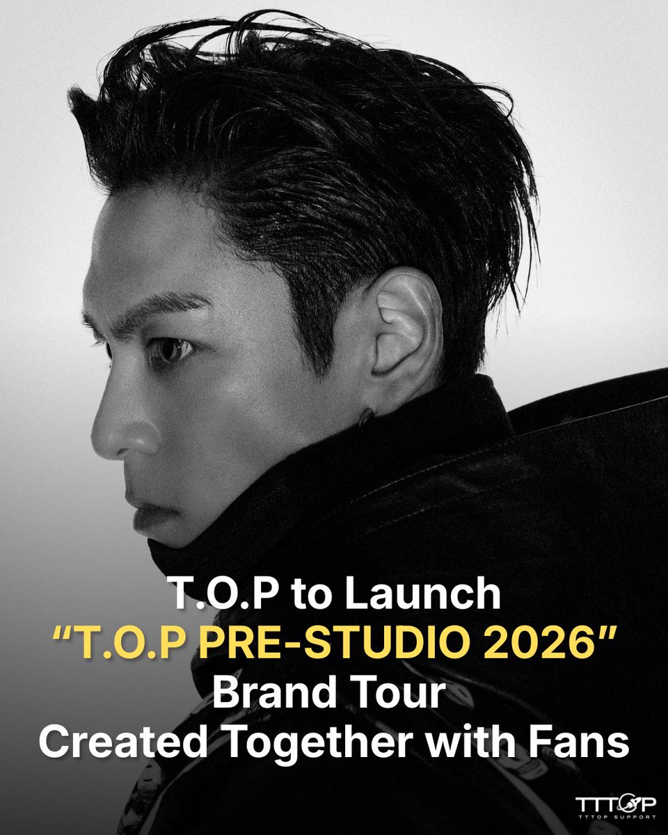TTTOPSUPPORT's tweet photo. [NEWS]

T.O.P to Launch "T.O.P PRE-STUDIO 2026" Brand Tour Created Together with Fans

[Article by Lee Soo-min of TopStarNews English translation by TTTOPSupport]

Singer T.O.P is set to expand his global activities with a brand tour where he will create content together with fans. Centered on audience participation, the tour promises a different kind of experience from traditional fan concerts or fan meetings.

TOPSPOT PICTURES unveiled the main poster for T.O.P's brand tour, "T.O.P PRE-STUDIO 2026,” through its official social media channels. Alongside a striking visual featuring bold black-and-white contrast and T.O.P's charismatic image, the poster also revealed the previously undisclosed Asian tour cities and schedule.

The main poster outlines the cities that will serve as stops on the tour, beginning with its opening destination and continuing through the rest of the journey. T.O.P will kick off the tour in Hong Kong on August 15, followed by Taipei on August 22, Jakarta on September 19, Kuala Lumpur on September 27, Tokyo on November 6, and Kaohsiung on December 19, where he plans to meet fans across Asia.

The schedule also includes the phrase "AND MORE" beneath the listed dates, hinting that additional tour stops will be announced beyond the six cities already revealed. As a result, fans are eagerly anticipating which other locations will be added to the itinerary.

 Rather than presenting a one-way, pre-produced show, the event is designed around audience participation, with attendees taking an active role in the creative process and engaging in two-way interaction with T.O.P.

The term "PRE-STUDIO" in the tour's title also hints at its connection to a larger global project that will unfold afterward. It has been described as a concept in which T.O.P and his fans come together before the main project to collaboratively develop ideas and create content, making that creative process an integral part of the live experience.

The results of this tour will not be limited to what happens on stage. The ideas and content generated through the tour are expected to be reflected in T.O.P's future music and other creative endeavors, positioning fans' participation as the starting point for his upcoming projects.

Since his debut, T.O.P has established himself as a versatile artist, working across multiple genres and creative fields. Through this tour, he aims to continue pushing the boundaries between live performance and content creation. Attention is now focused on how this collaborative creative process with fans will unfold across cities throughout Asia.

Further details, including ticket sales for "T.O.P PRE-STUDIO 2026," will be announced in stages through T.O.P's official channels at a later date.
 🔗 https://t.co/iOZenoSkte

#탑 #TTTOP #T_O_P #PRE_STUDIO_2026 #TOPSPOT_PICTURES 
@topspot_pic