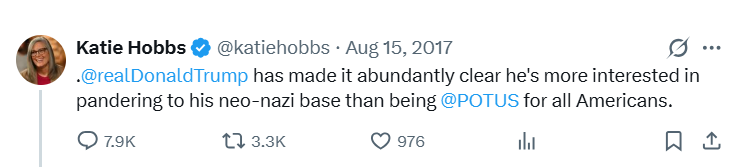 BiggsWarRoom's tweet photo. 🚨THE HOBBS FILES: THE CONTEMPT KATIE HIDES 🚨

Katie Hobbs wants Arizona to believe she is a moderate.

But before the consultants polished her image and taught her to hide what she really thinks, Hobbs made her contempt impossible to miss.

She smeared Trump supporters as a “neo-Nazi base,” called Trump rallies “deplorable,” raged about “Republican bullshit,” and mocked people for wearing Trump shirts.

Her contempt was never really about a shirt. It was never about a rally. It was never about working with Republicans.

It was about the voters in this state.

It was about the nearly 1.8 million Arizonans who voted for Donald Trump in 2024 and delivered Arizona for him.

Katie Hobbs already told those voters exactly where they stand with her.

Now she is more disciplined. More scripted. More careful.

But she governs with the same contempt.

Hundreds of vetoes. Constant partisan obstruction. Common-sense reforms killed because Republicans proposed them. No real interest in working across the aisle unless it benefits her politically.

Katie Hobbs did not become a moderate.

She just learned how to hide her disdain for the people she governs.

In 2026, those same Arizonans get the final word.