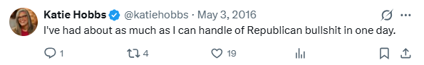 BiggsWarRoom's tweet photo. 🚨THE HOBBS FILES: THE CONTEMPT KATIE HIDES 🚨

Katie Hobbs wants Arizona to believe she is a moderate.

But before the consultants polished her image and taught her to hide what she really thinks, Hobbs made her contempt impossible to miss.

She smeared Trump supporters as a “neo-Nazi base,” called Trump rallies “deplorable,” raged about “Republican bullshit,” and mocked people for wearing Trump shirts.

Her contempt was never really about a shirt. It was never about a rally. It was never about working with Republicans.

It was about the voters in this state.

It was about the nearly 1.8 million Arizonans who voted for Donald Trump in 2024 and delivered Arizona for him.

Katie Hobbs already told those voters exactly where they stand with her.

Now she is more disciplined. More scripted. More careful.

But she governs with the same contempt.

Hundreds of vetoes. Constant partisan obstruction. Common-sense reforms killed because Republicans proposed them. No real interest in working across the aisle unless it benefits her politically.

Katie Hobbs did not become a moderate.

She just learned how to hide her disdain for the people she governs.

In 2026, those same Arizonans get the final word.