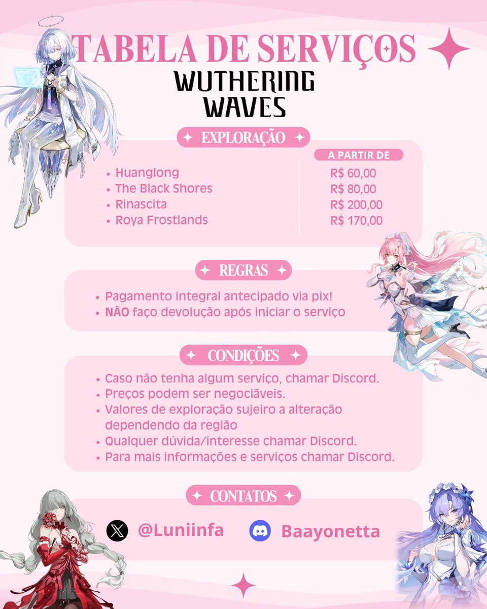 Luniinfa's tweet photo. ┈┈・୨ ✦ ୧・┈┈  :

🪷 serviços Genshin, hsr, zzz e wuwa  ּ.`•  

Caso interesse atendo pelo Discord;

Em alguns casos, será cobrado um valor adicional para tarefas que não estão incluídas no serviço.

Obrigada!! https://t.co/g3GVPMh0vE