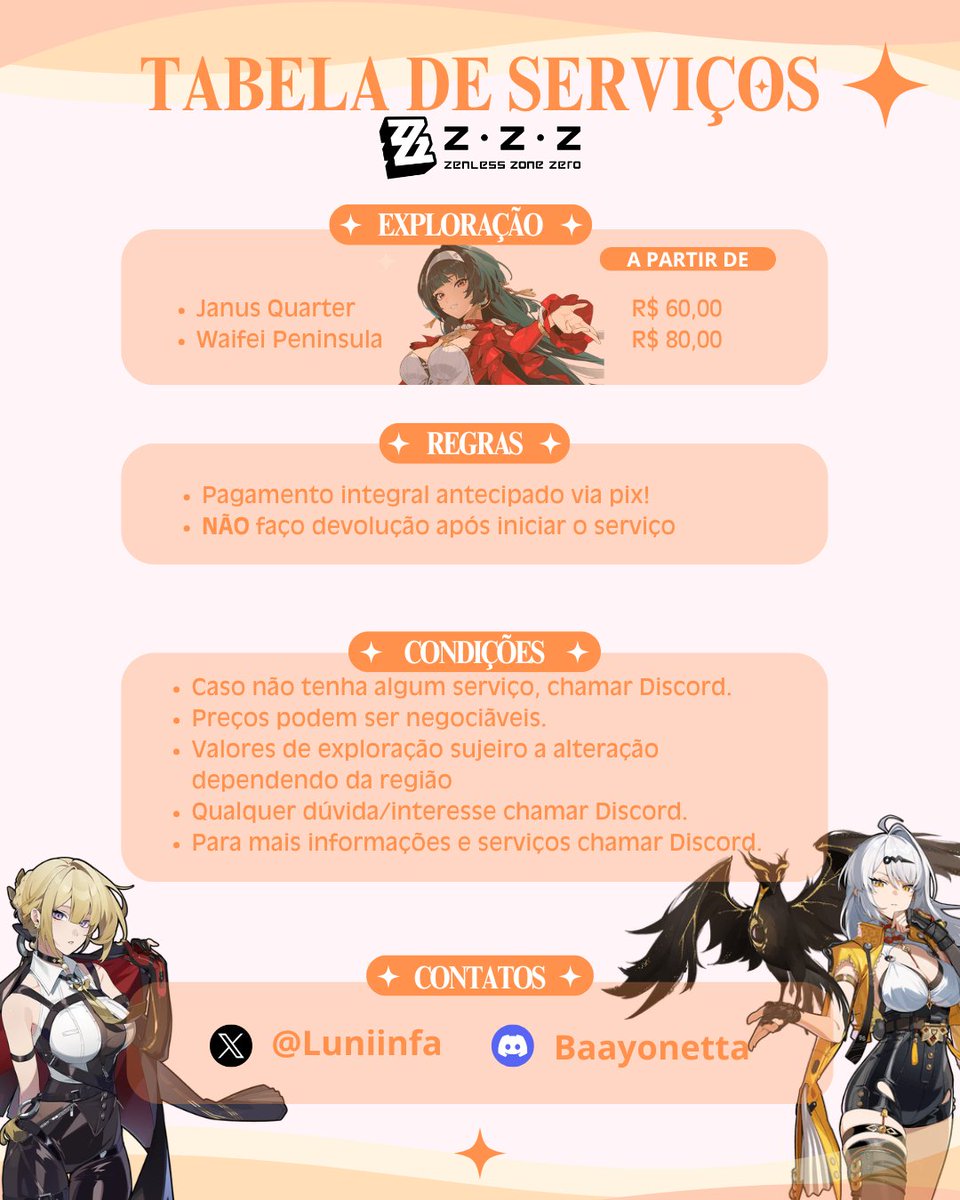 Luniinfa's tweet photo. ┈┈・୨ ✦ ୧・┈┈  :

🪷 serviços Genshin, hsr, zzz e wuwa  ּ.`•  

Caso interesse atendo pelo Discord;

Em alguns casos, será cobrado um valor adicional para tarefas que não estão incluídas no serviço.

Obrigada!! https://t.co/g3GVPMh0vE