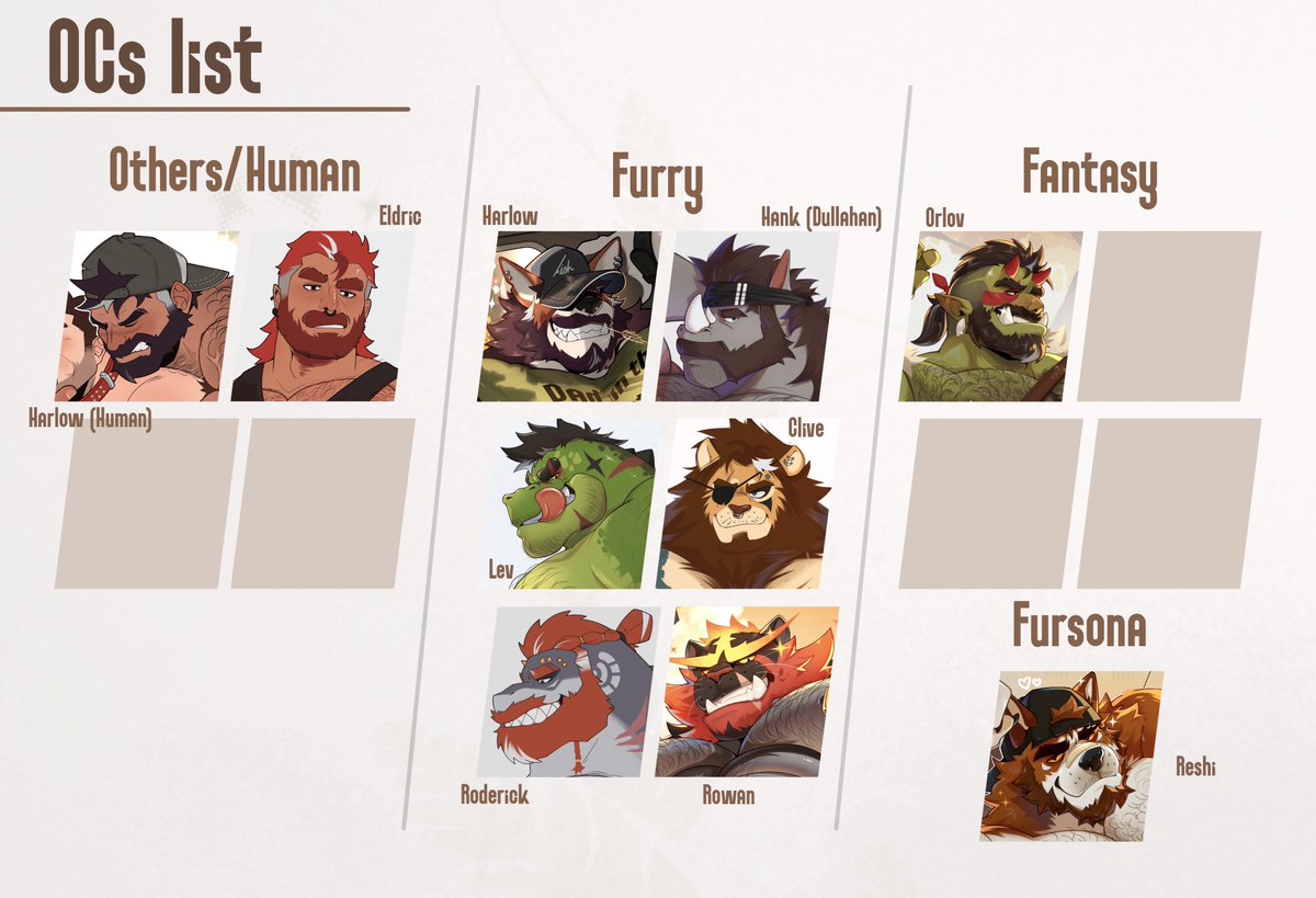 DrawReshi's tweet photo. I've updated my list of characters I've created so far (some need a little touch-up), and to avoid any further confusion, ‼️my fursona's name is Reshi and the trucker's name is Harlow‼️

Just as I had planned from the beginning 🐶 https://t.co/gvnyxlFx4y