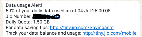 k_rajkumar's tweet photo. I received this message at 00:08 midnight when i was sleeping.

The message says i have used 50% of my daily data when i was sleeping.

Where is the accountability from the telecom companies.

Telecom companies are just Dacoits who rob people at midnight when they are asleep https://t.co/Czx4okUnXt