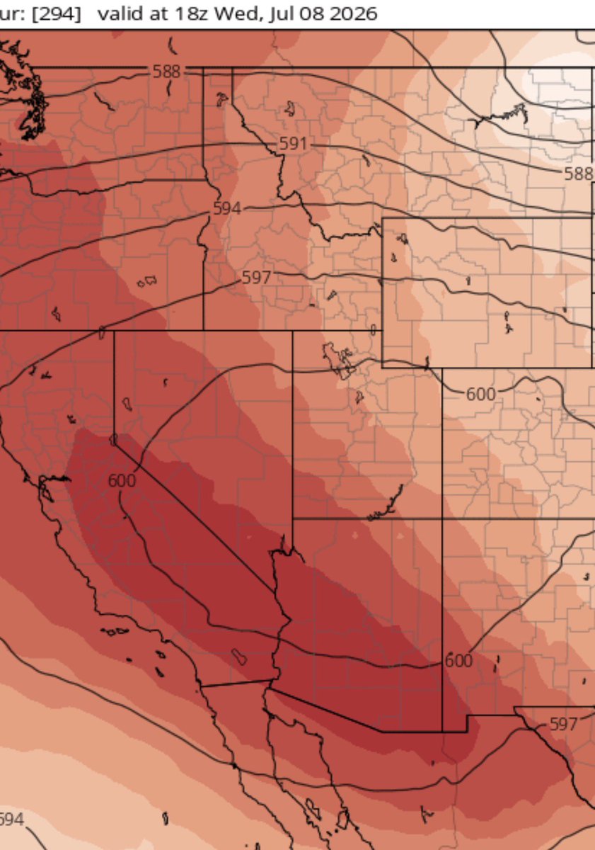jason61987's tweet photo. Friday July 3, 2026, 6:00 PM: The latest CPC and EU1 0Z shows an unfortunate 594 DM to possibly 600 DM heat situation for Northern, Southern, and Central California, Arizona, and Nevada, New Mexico taking shape July 11 - 17, 2026 temperatures threshold will reach 104F - 114F all valley locations this includes San Fernando, Simi, Santa Clarita, San Gabriel, San Joaquin, Moreno, Antelope, Apple, Lucerne Valleys. 

The heat event takes another notch hotter for Coachella, Palm Springs, Las Vegas, and Phoenix, Arizona; temperatures will trend to 114F - 121F. I'm watching this developing situation closely in the next 24 - 72 hours. #CAwx #heatwave #July2026