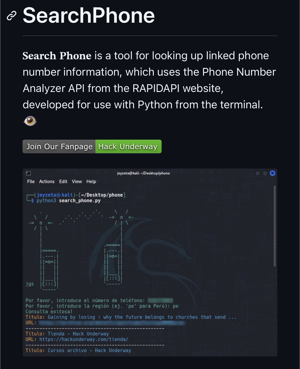 Yerocode0's tweet photo. 🚨 TE PRESENTO SEARCHPHONE

La herramienta que te permite extraer información de cualquier número de teléfono:
• Operadora
• Tipo de línea
• Rastros de identidad

Potente herramienta de ciberseguridad, open source y 100% GRATIS.

Si te gusta la ciberseguridad, dame FOLLOW. https://t.co/dqPbjsoUuM