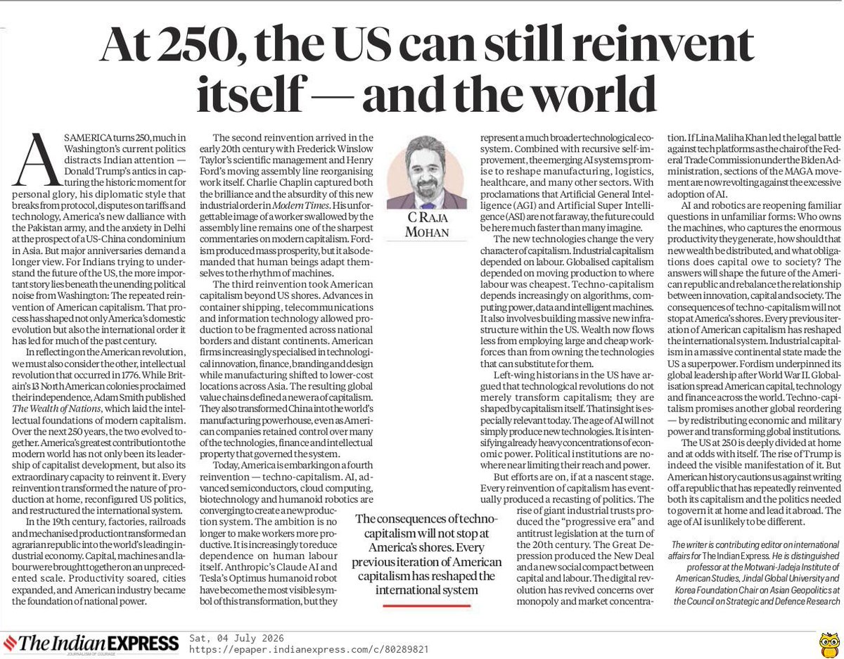 Rajmalhotrachd's tweet photo. As the United States crosses its monumental 250th milestone today on July 4, 2026, the global stage is set for a profound reckoning. 

What exactly is the driving force of the world's oldest continuous democracy, and where is it heading? 

Two intellectual heavyweights step into the arena to decode this very puzzle. 

Pratap Bhanu Mehta @pbmehta pierces through the political soul of America, exposing a nation torn between its soaring democratic ideals and its darker, relentless pursuit of raw power. 

Across the aisle, C. Raja Mohan @MohanCRaja bypasses the political noise entirely, mapping out the true engine of American dominance: a ruthless, brilliant, and constantly evolving capitalist machine.

Read together, these aren't just articles; they are the ultimate masterkeys to unlocking global geopolitics, economics, and history. 

Here is a simplified breakdown of their insights, perfectly tailored to empower your UPSC preparation.

#USA250 #America #USA #Independenceday