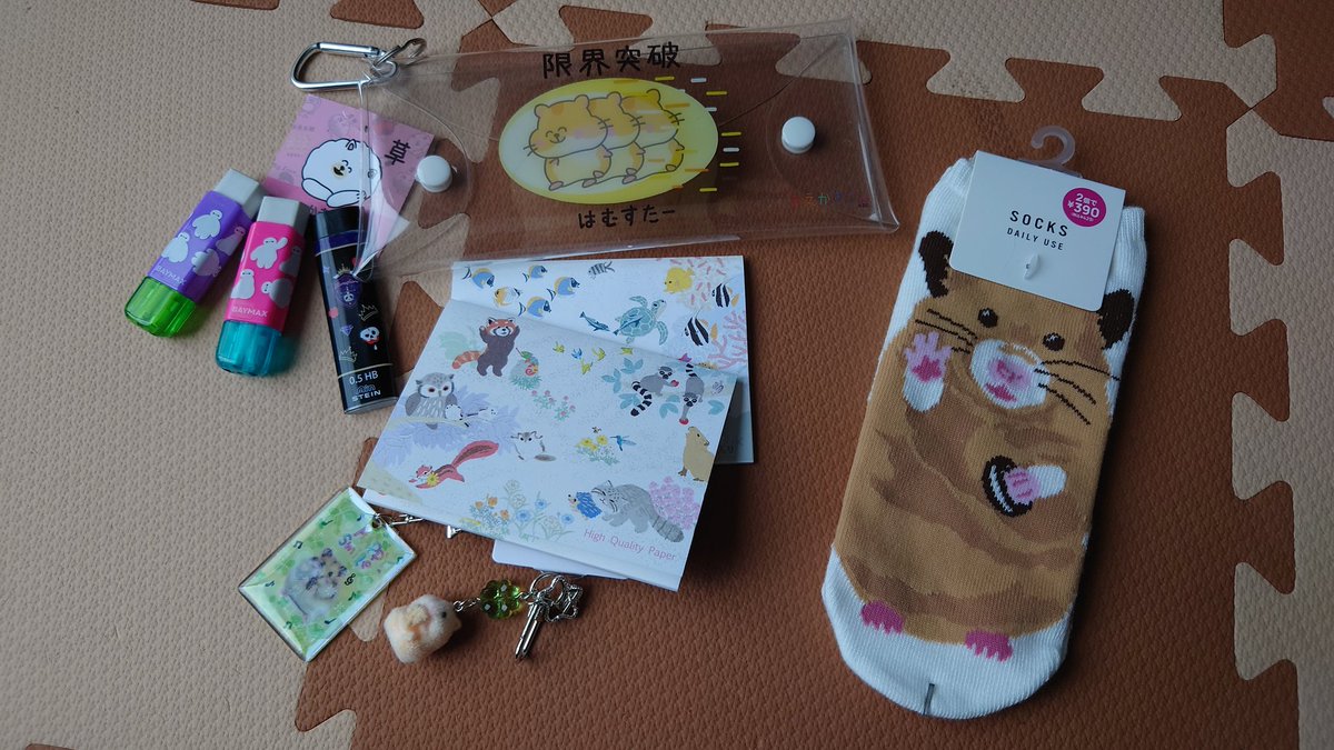 Prettyhamucyan's tweet photo. 昨日、お買い物行ってきた✨
前に買った靴下とキーホルダーのお揃い『限界突破』のポーチ発見！！🙌
ベイマックスの消しゴムも超かわいい https://t.co/ER7Yyoy1sZ
