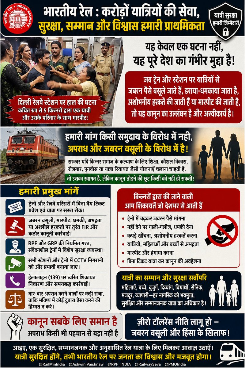 bajrangsoni18's tweet photo. भारतीय रेल में वर्षों से यात्रियों की शिकायत रही है कि कुछ किन्नर ट्रेनों में जबरन पैसे मांगते हैं और कुछ मामलों में अभद्र व्यवहार या धमकी की शिकायतें भी सामने आती रही हैं।
जो भी व्यक्ति—किन्नर हो या कोई अन्य—यदि कानून तोड़ता है, तो बिना किसी भेदभाव के सख्त कार्रवाई होनी चाहिए। https://t.co/tpM5mYrhAe