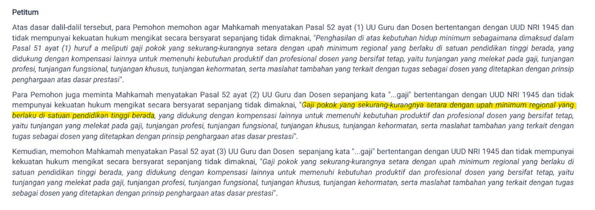 ardisatriawan's tweet photo. Tuntutan MK 272/PUU-XXIII/2025 itu memang meminta gaji pokok dosen untuk minimum di atas UMR.

Bu Cenuk dan Bu Dinda sudah benar memberikan kesaksian kalau gaji pokok-nya kecil.

Mereka mau terima tunjangan, sertifikasi, warisan orang tua, sumbangan, hibah, wakaf, sedekah, segala macam.

SEMUA TIDAK RELEVAN.

Kan memang gugatannya tentang GAJI POKOK?

Ini lo petisinya: