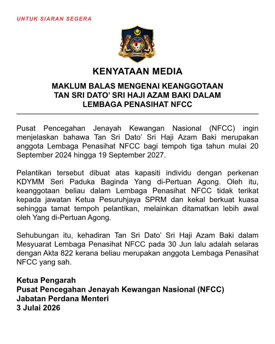 mycomnewskl's tweet photo. TS Azam Baki disahkan sebagai anggota Lembaga Penasihat Pusat Pencegahan Jenayah Kewangan Nasional (NFCC) bagi tempoh tiga tahun bermula 20 September 2024 hingga 19 September 2027 selepas pelantikannya diperkenankan oleh Yang di-Pertuan Agong. https://t.co/YxjYnV1Yuw