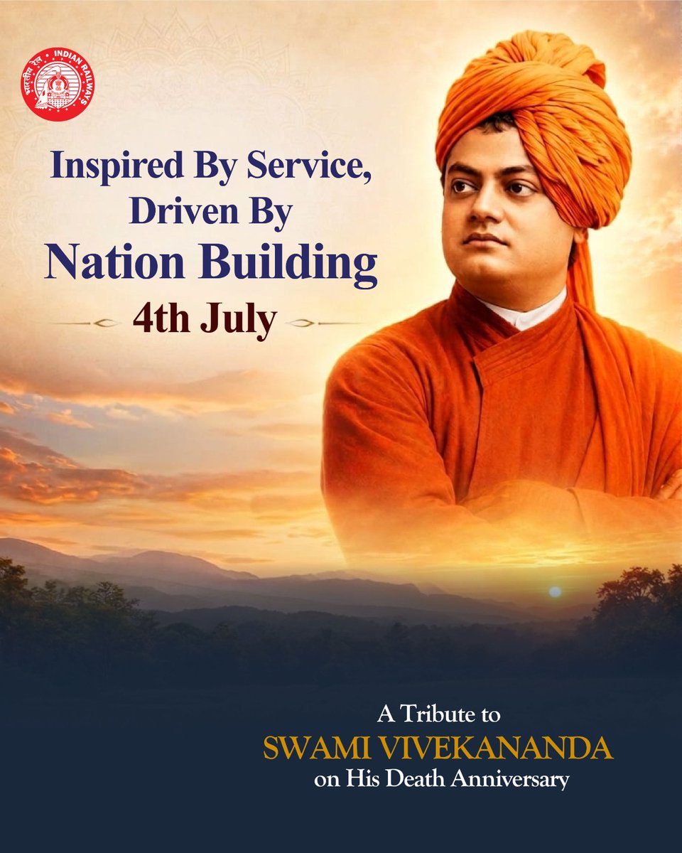 RailMinIndia's tweet photo. स्वामी विवेकानंद जी के निर्वाण दिवस पर उन्हें शत्-शत् नमन। उनके विचारों ने भारत की आध्यात्मिक चेतना को विश्व पटल पर नई पहचान दिलाई।
#SwamiVivekananda https://t.co/cwQ0o8RNbP