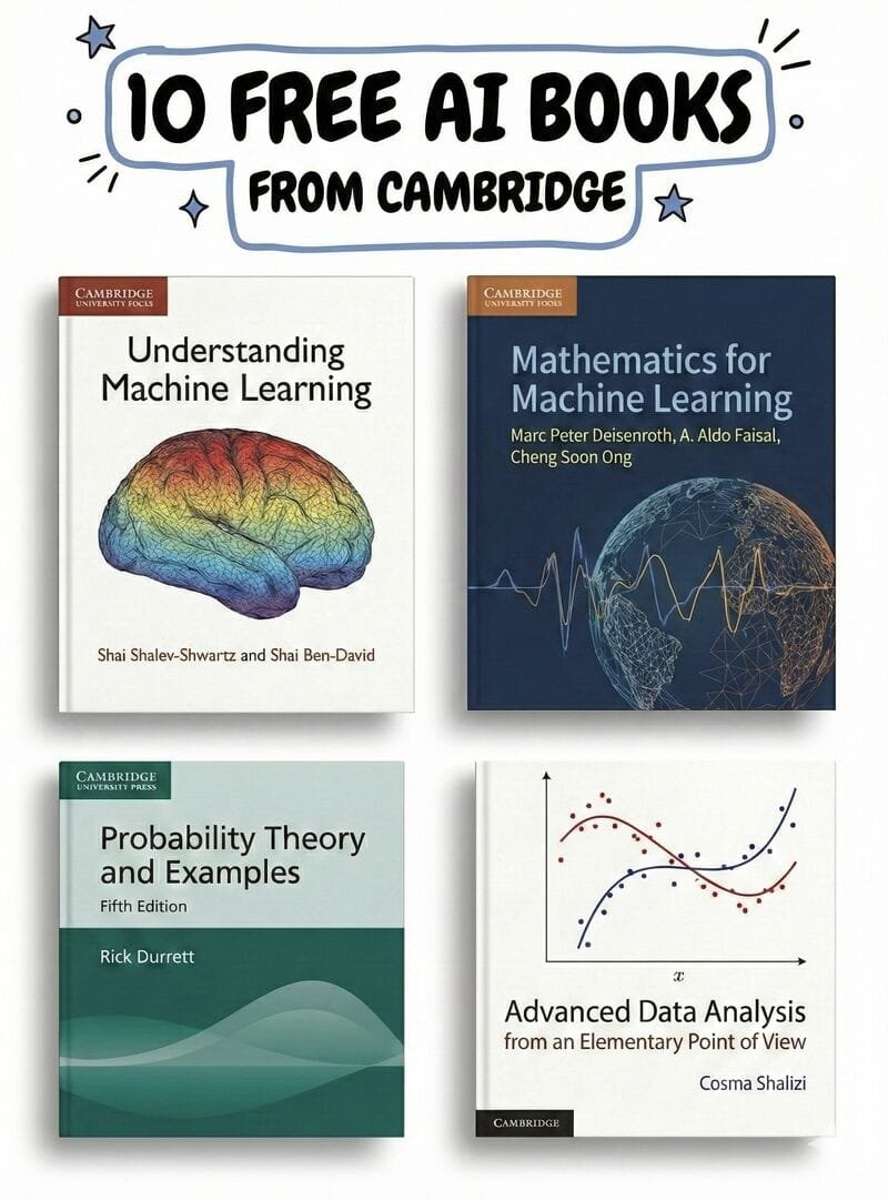 KhushiPatil25's tweet photo. 🚨 Cambridge just dropped 10 FREE AI & ML textbooks (quietly).
University-level. Zero cost. Absolute gold for builders & learners.

Here’s the list with direct links 🧵👇

1️⃣ Understanding Machine Learning
Theory meets algorithms
https://t.co/H1guFgRgyG

2️⃣ Mathematics for ML
Linear algebra → calculus made intuitive
https://t.co/POqq7QAfdG

3️⃣ Mathematical Analysis of ML
The theory behind the code
https://t.co/yvHqLt7He2

4️⃣ Deep Learning Principles
Neural networks explained clearly
https://t.co/2fXjWfqjdA

5️⃣ ML with Networks
Neurons → backpropagation
https://t.co/R7wiBieIwn

6️⃣ Deep Learning on Graphs
Graph Neural Networks & modern architectures
https://t.co/iBbz47Ci0v

7️⃣ Algorithmic ML
Complexity & optimization theory
https://t.co/QHe9d9uOtV

8️⃣ Probability Theory
Statistical foundations with examples
https://t.co/pADnRozlJb

9️⃣ Elementary Probability
Beginner-friendly + real-world use
https://t.co/93SZjKjTtx

🔟 Advanced Data Analysis
Statistical learning for production systems
https://t.co/L6uVmN2L3U

💡 Free textbooks. Cambridge quality.
Perfect for students, engineers & AI builders.

Save 🔖 | Repost ♻️ | Follow for more AI resources 🤝

#AI #MachineLearning #DeepLearning #FreeResources #DataScience #StudyAI
