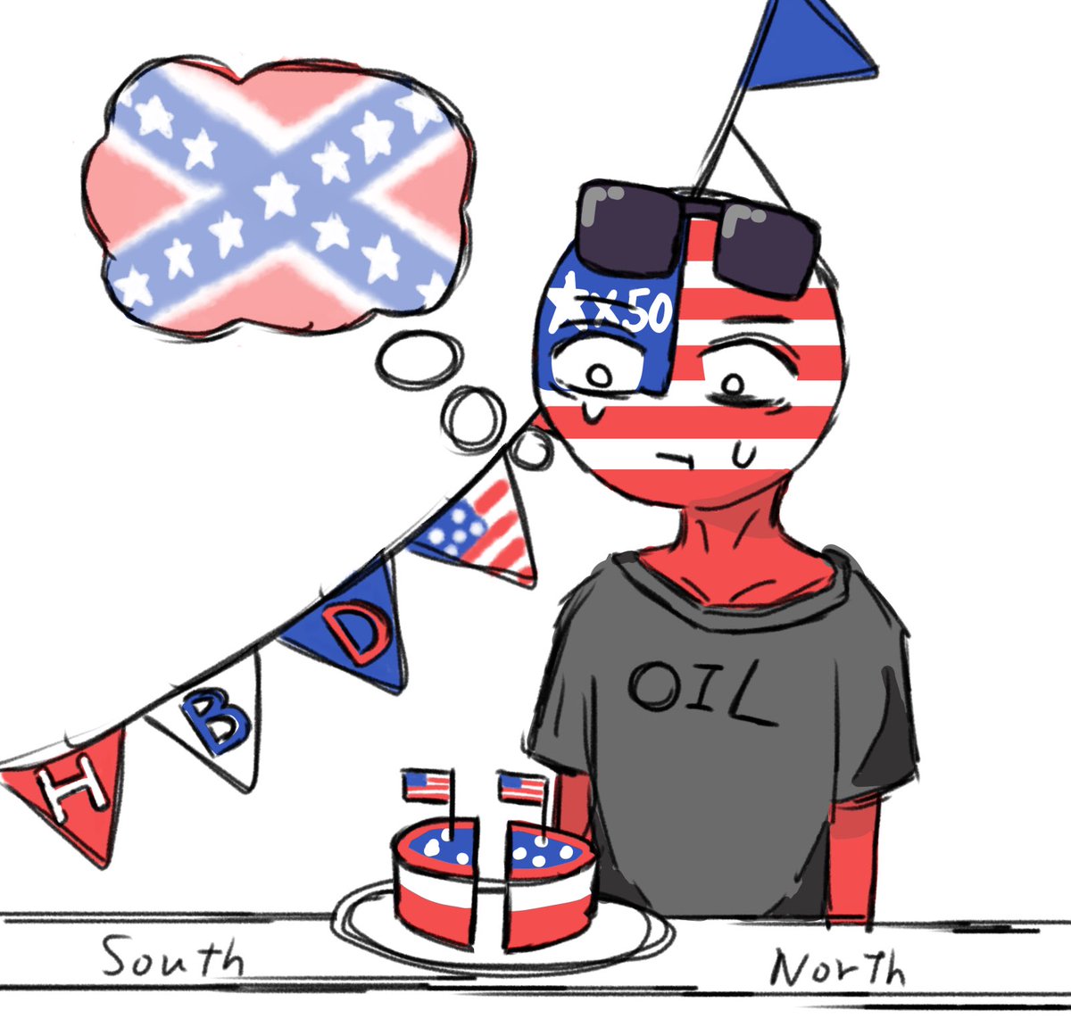 UrAlphaBall's tweet photo. Happy Fourth of July🇺🇸🎉🎉
Wait America What r u  Thinking After Cutting That Cake in Half...💀 
#countryhumans #カントリーヒューマンズ https://t.co/vEAC7CJpju