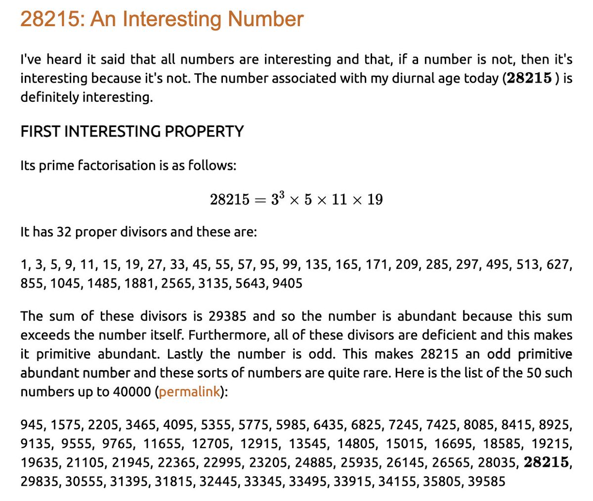 SeanReeves's tweet photo. 28215: 3^3 * 5 * 11 * 19

Member of OEIS A006038: odd primitive abundant number; its totient and totient of its reversal are equal (12960); member of comma sequence starting with 8; interprime number (between 28211 and 28219).

https://t.co/BOz2QJet9Y
https://t.co/QhYIbZLIT8 https://t.co/z0DLo8M7IT