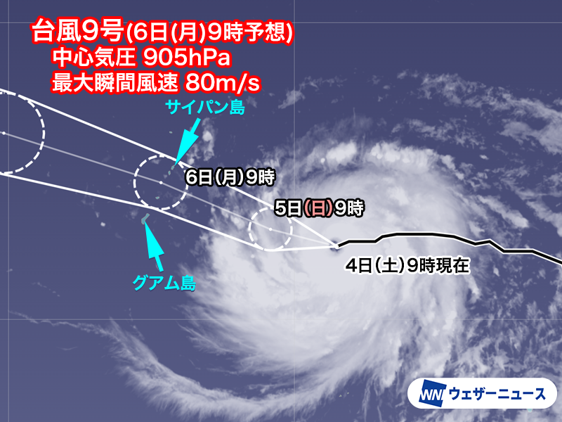 wni_jp's tweet photo. ＜グアムやサイパンは4月に匹敵する暴風雨に＞
台風9号(バービー)は発達を続けていて、今後は「猛烈な」勢力となる予想です。明後日6日(月)にグアム島やサイパン島に最も近づくとみられます。
4月にも台風4号が猛烈な勢力で直撃し、再び暴風雨に見舞われる見通しです。
https://t.co/ZFA35D8b3Q https://t.co/LoSGClXm4i