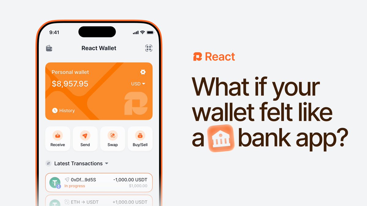 ReactWallet's tweet photo. What if your crypto wallet felt like a bank app?

Clear balance. Readable history. Quick actions. Familiar control.

React brings the everyday UX people understand from neobanks into a self-custodial DeFi wallet — so crypto feels less technical and more usable.

Familiar experience. Your assets. Your control.