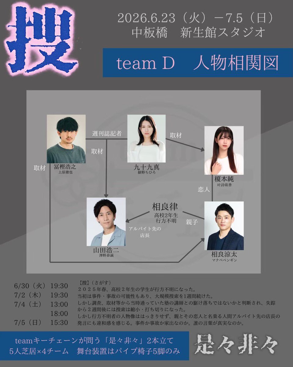 teamkeychain_'s tweet photo. ◤◢◤#是々非々2026 ◢◤◢

本日は
13:00 D【捜(さがす)】
15:30 B【免(まぬかる)】 
18:00 D【捜(さがす)】 
3公演を上演いたします。

📍中板橋新生館スタジオ
☑︎受付・開場は上演の30分前
☑︎当日券若干数あり

ご予約ありがとうございます！
皆様のご来場お待ちしております。 https://t.co/NPZvZuwPQV
