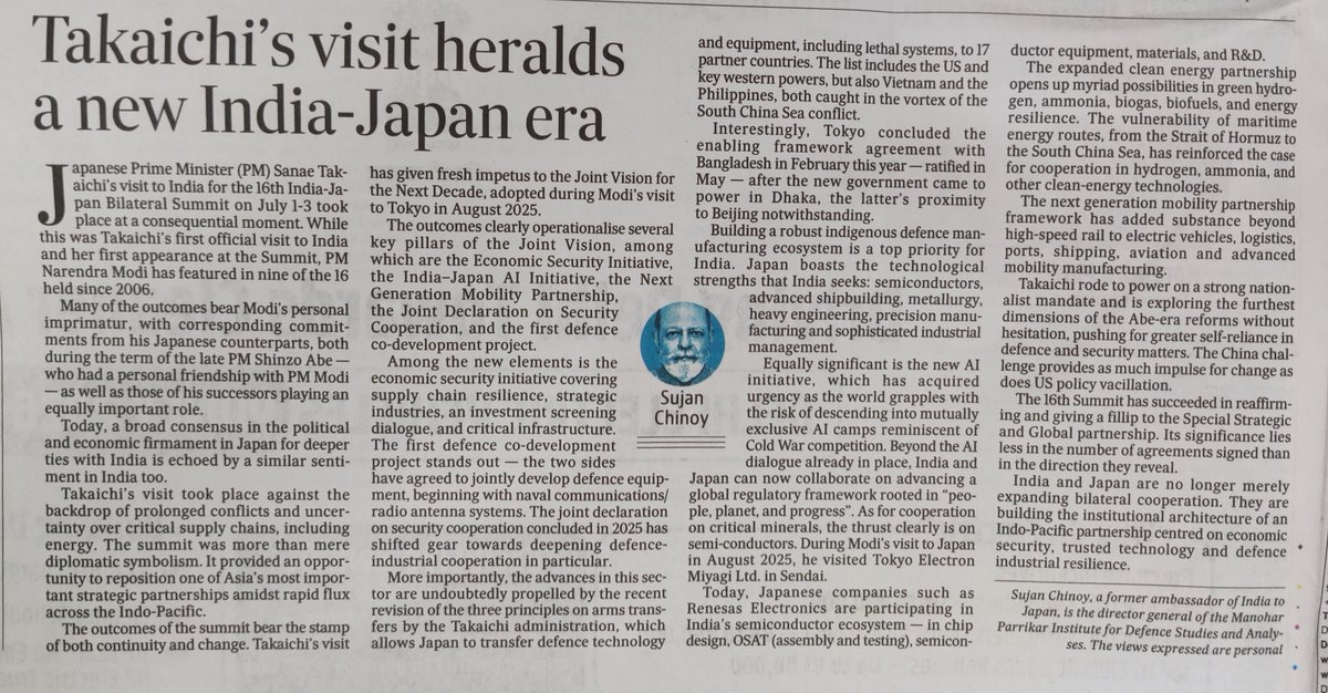 SujanChinoy's tweet photo. My assessment of the just concluded 16th #India #Japan Bilateral Summit - successful visit of PM @takaichi_sanae to India - the many significant outcomes of the visit will shape the #IndoPacific defence, security and economic architecture in years to come: https://t.co/E6JUATEAKi https://t.co/29WGNv7oBH