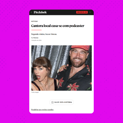 poptime's tweet photo. Pitchfork faz matéria curta e grossa sobre casamento de Taylor Swift:

"Cantora local se casa com podcaster." https://t.co/6pI1r9t5VB
