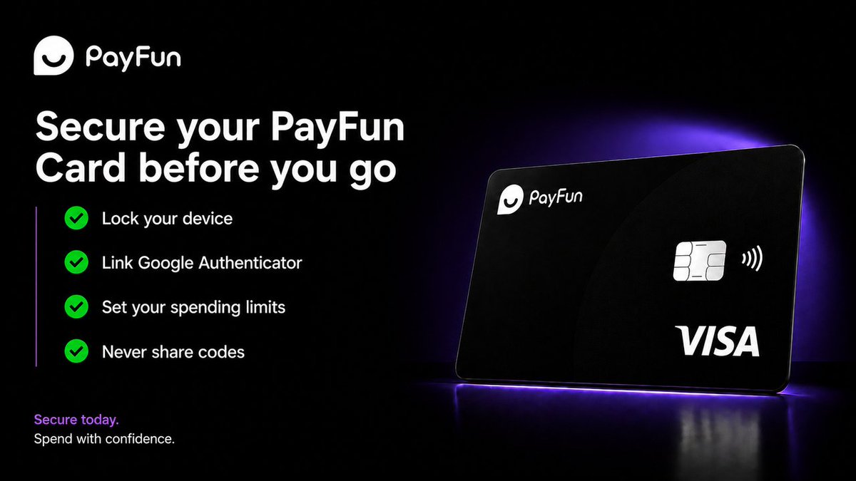 PayFunOfficial's tweet photo. Ready to spend on the go? Take a quick second to secure your PayFun Card first!

Protect your funds and enjoy total peace of mind with 4 simple steps:
✅ Set up your phone’s lock screen (password, fingerprint, or Face ID)
✅ Link Google Authenticator (GA) for an extra layer of security
✅ Set your spending limits according to your needs
✅ Never share verification codes with anyone
Shop confidently, wherever you are 💳
#PayFunCard #Web3Security