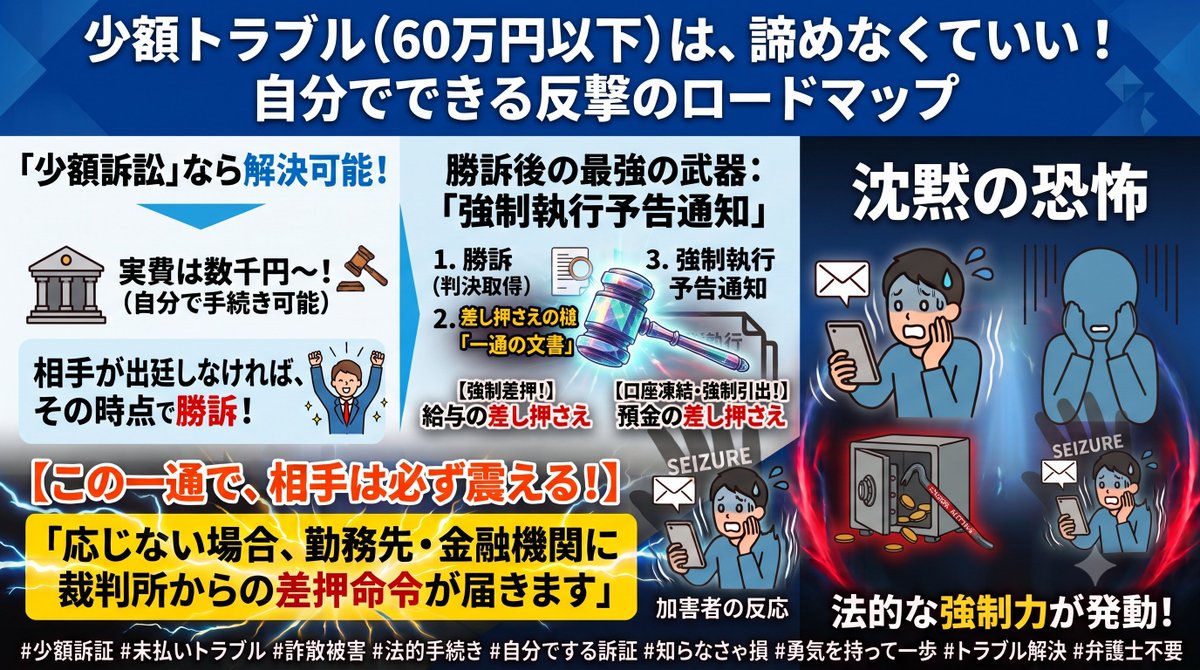 Shiroutohoute's tweet photo. 未���い、メルカリ詐欺
でも、諦める必要は一切ありません。
少額訴訟なら実費数千円。
相手、出廷無しで勝ち！
勝訴後は終わりではありません。
判決後
次に送る　強制執行予告通知。
弁護士不要。
「応じない場合、勤務先・金融機関に
裁判所からの差押命令が届きます」
これを読んだら必ず震えます。 https://t.co/rMZcI2IlaO