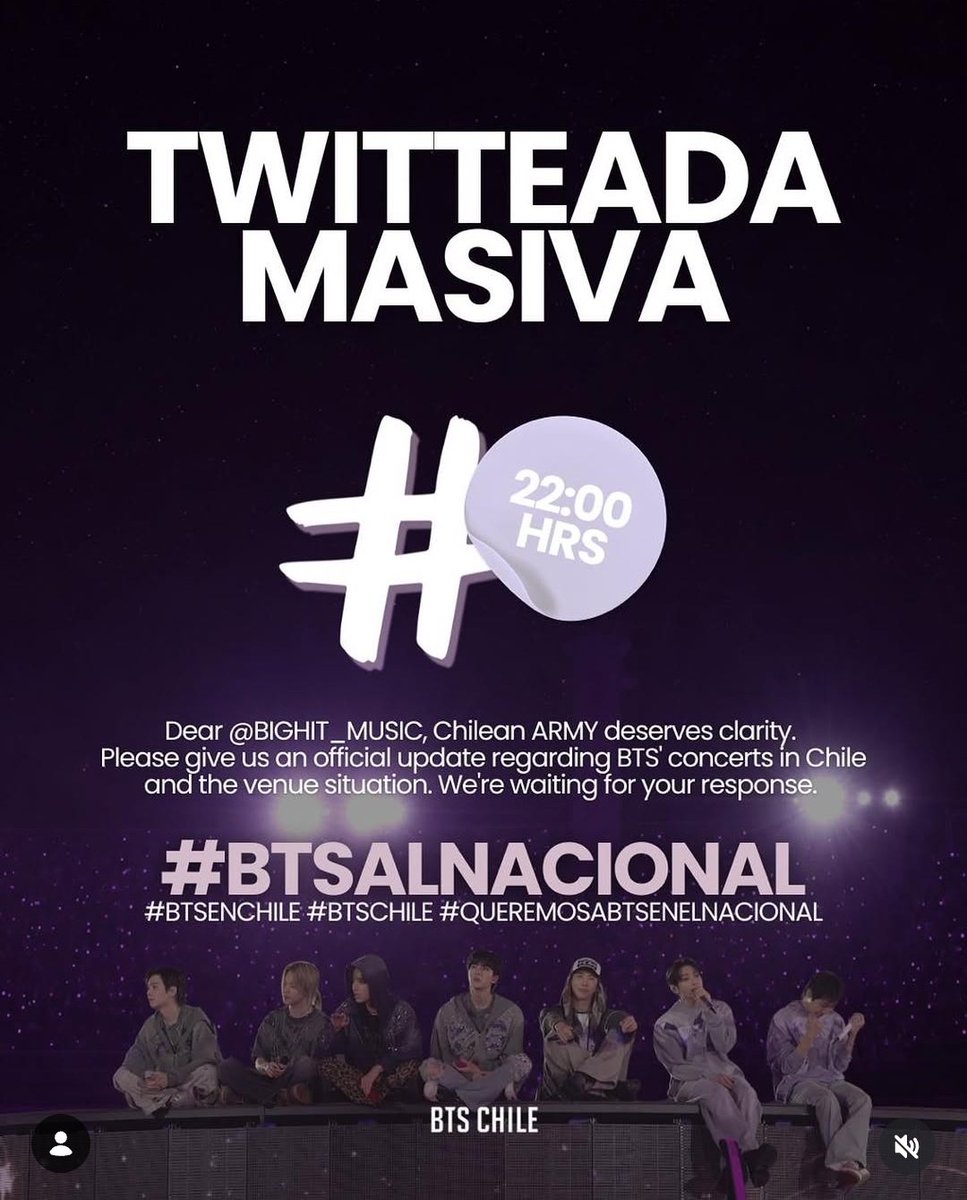 iamcarla__'s tweet photo. AYUDEN A DIFUNDIR!!! RT, COPIA Y PEGA!!

Dear @BIGHIT_MUSIC, Chilean ARMY deserves clarity. Please give us an official update regarding BTS’ concerts in Chile and the venue situation. Were waiting for your response.

#BTSALNACIONAL
#BTSENCHILE #BTSCHILE #QUEREMOSABTSENELNACIONAL https://t.co/rhUJYwoKtQ