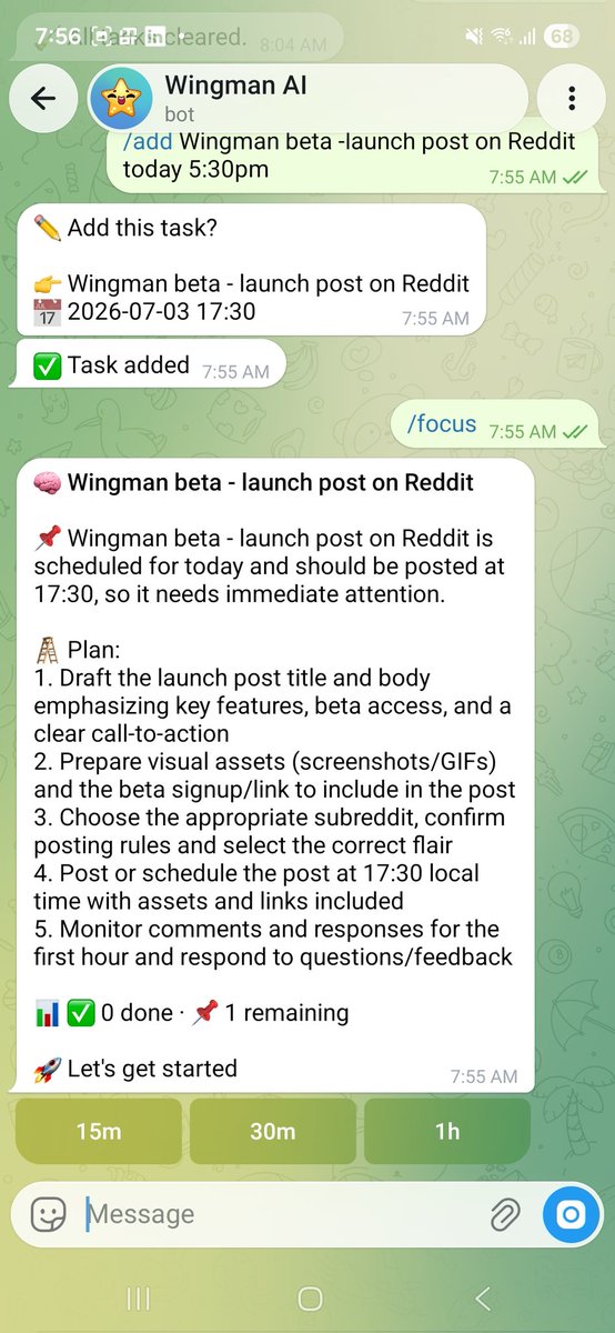 dk2smart's tweet photo. I kept missing client calls. Explaining "how I forgot" later was embarrassing every time.
So I built my own AI assistant inside Telegram — as a non-coder.
Meet Wingman 🪂 free early beta:
👉 https://t.co/JTvadUGALU
#buildinpublic https://t.co/i5y8qImnPt