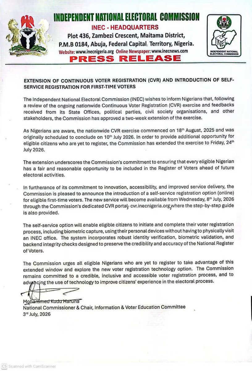 VictorManjul's tweet photo. Dying-minute lovers, THE EXTENSION of the CVR is for you‼️

You have additional 14 Days⚠️

Deadline has been extended from 10th, to 24th, July 2026 

Make use of the Opportunity🙏 https://t.co/KKZFGhEWrQ