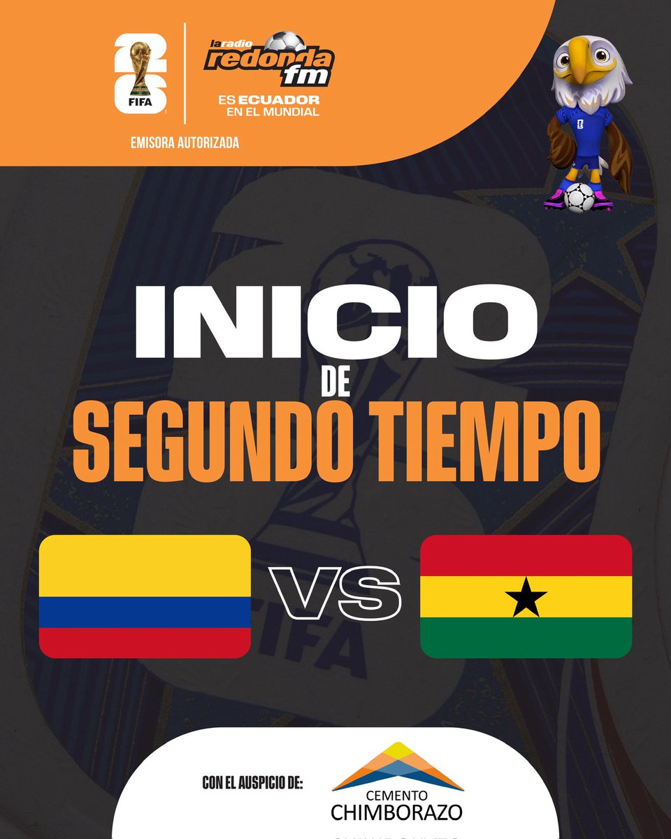 LaRadioRedonda's tweet photo. Arranca el complemento del duelo entre Colombia y Ghana en los 16avos de final de la Copa del Mundo 2026.

#RedondaMundialista 📻 https://t.co/cQXwt0VK7H
