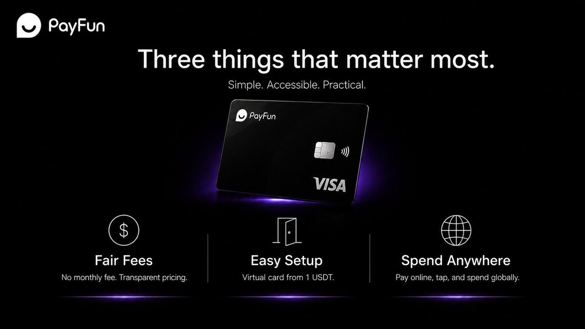 PayFunOfficial's tweet photo. When choosing a crypto payment card, these three things matter most.

PayFun Card is designed with your needs in mind:
💰 Transparent & fair fees — No monthly fees, zero top-up fees, and clear transaction costs 
✅Easy to get started — Get a virtual card from just 1 USDT with seamless KYC, no bank account required 
🌍 Works wherever you go — Online shopping, streaming subscriptions, Apple Pay/Google Pay, and global Visa acceptance

Simple. Accessible. Practical.
#PayFunCard #CryptoCard