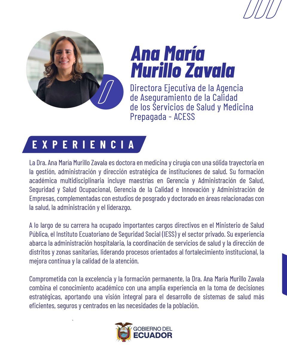 Acess_Ec's tweet photo. 👩‍⚕️ La Agencia de Aseguramiento de la Calidad de los Servicios de Salud y Medicina Prepagada (ACESS) presenta a su nueva Directora Ejecutiva, Mgs. Ana María Murillo.

📖 Conoce su trayectoria profesional y el compromiso con  la calidad de los servicios de salud.

#ACESS https://t.co/EGoZOFl567