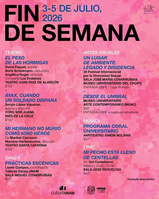 CulturaUNAM's tweet photo. ⚽️⏳ ¡Este #finde, tómate una pausa de hidratación sensorial con #CulturaUNAM! 
Te esperamos con #teatro, #danza, #música, #cine y #artes visuales, y muchas actividades con entrada libre. 🙌 ¡Arma tu planazo! 😎https://t.co/xzsHwSonnA

@teatrounam 
@musicaunam 
@SanIldefonsoMx 
@FilmotecaUNAM
@museodelchopo 
@MUACunam